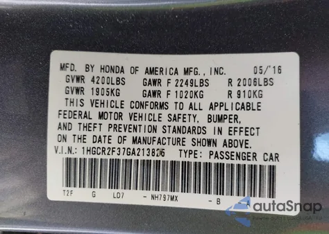 2016 Honda Accord Lx from USA, damaged, VIN 1HGCR2F37GA213825